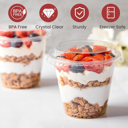 50 Pack 9 oz Plastic Dessert Cups with Lids, Small Plastic Yogurt Parfait Cups, Mini Round Party Serving Cup