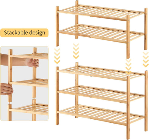 Furshus 3-Tier Closet Bamboo Shoe Rack for Entryway, Stackable | Heavy Duty | Multi-Function, Free Standing Shoe Racks