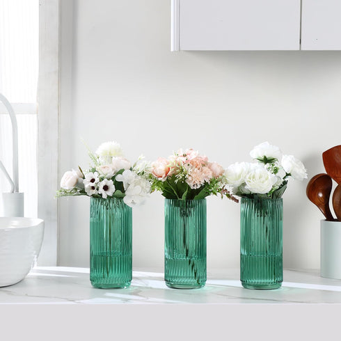 Set 3, 8 Inches Green Glass Vases, Flower Vases of Ribbed Glass Vase for Tulips, Tall Cylinder Glass Vases for Living