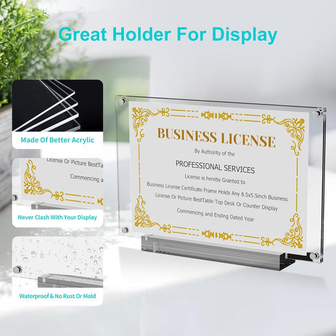 8.5 inch 1PC 8.5 5.5 Boloyo Acrylic Business License Display Frame, Clear Display Stand Holder Easel Base Protector