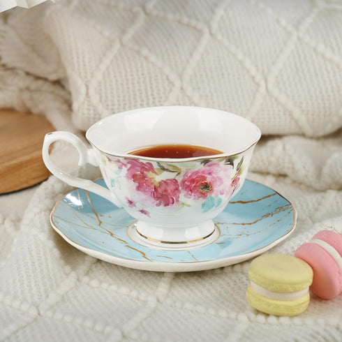 Set 6, Set fanquare Rose Tea Cup and Saucer for British Tea Cups for Gift, Multi-Color Flowers Porcelain Tea Service