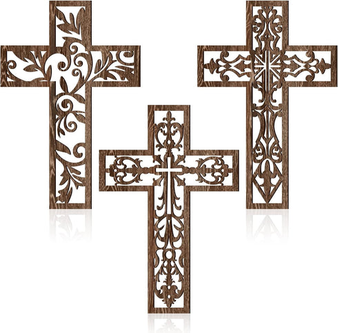 Yookeer 3 Pcs Wooden Cross Wall Decor - Handmade Antique Religious Brown Decorations for Home