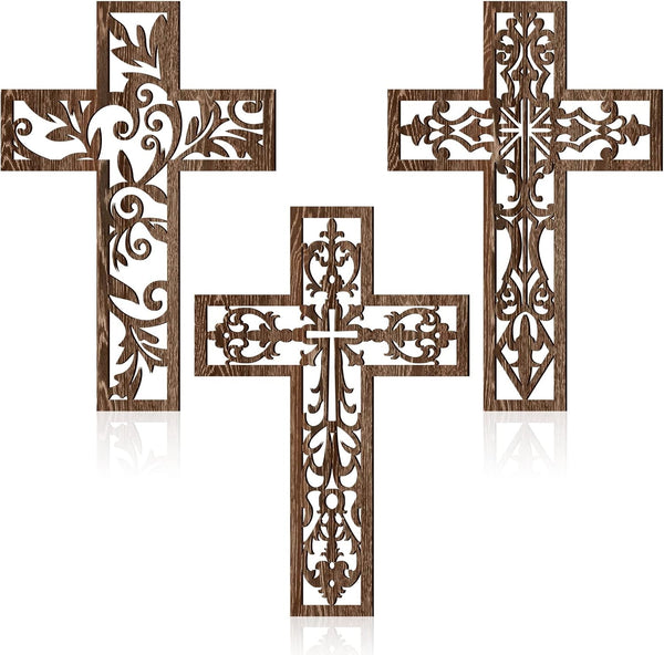 Yookeer 3 Pcs Wooden Cross Wall Decor - Handmade Antique Religious Brown Decorations for Home