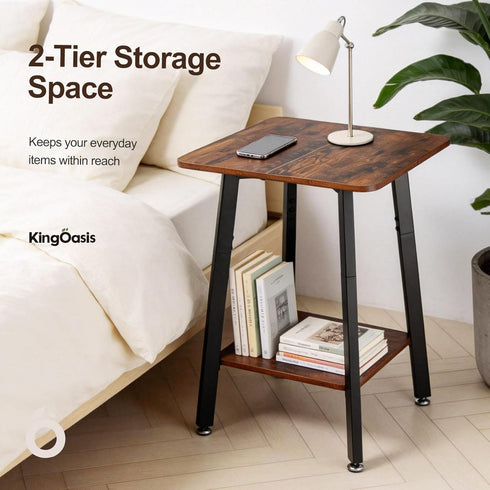 King Oasis 2-Tier Small Side Table for Living Room, End Table with Storage Shelf, Wood & Metal Bedside Table Nightstand