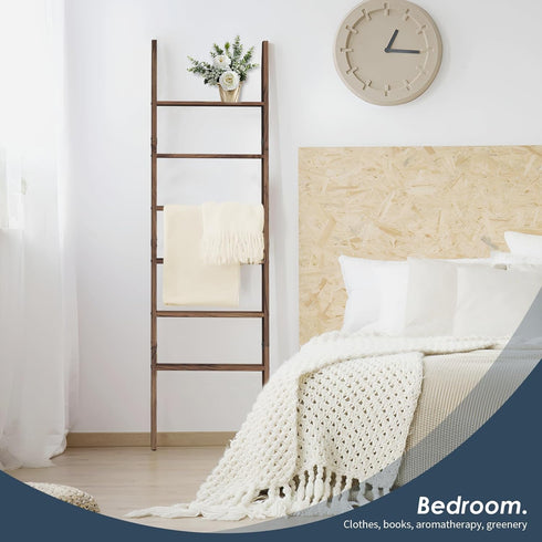 6-Tier 5.7FT(66.5'') Acacia Wood Blanket Ladder, Blanket Quilt Towel Holder Rack Decorative Ladder Wooden, Easy