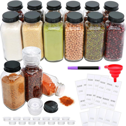 Gakshzbds 15 Pack 8oz Glass Spice Jars with Grinders, Square Spice Bottles with