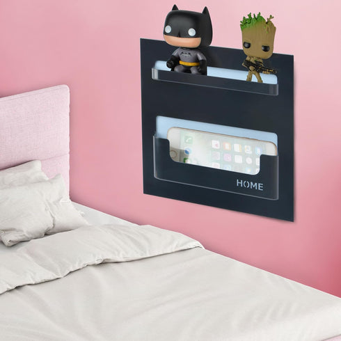 Bedside Shelf Organizer - Stick On Adhesive Wall Mounted Shelf for Phone, Glasses, Remote Control, Black