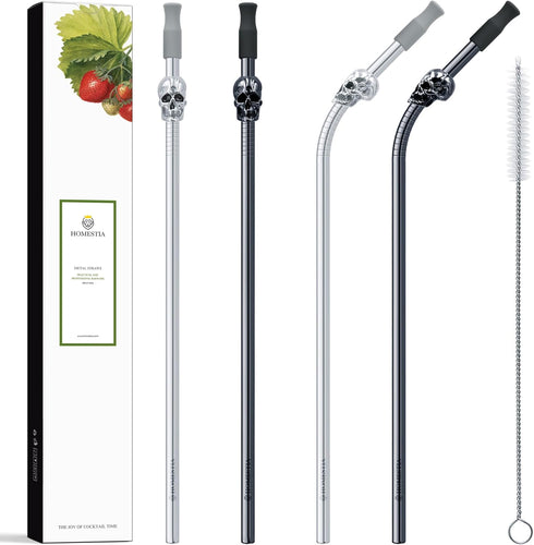 Homestia 10.5'' Stainless Steel Straw Set - 4 Food Grade Reusable Metal Drinking Straws with Cleaning Brush