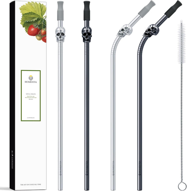Homestia 10.5'' Stainless Steel Straw Set - 4 Food Grade Reusable Metal Drinking Straws with Cleaning Brush