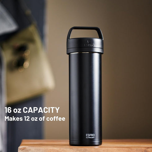P0 16 ESPRO Ultralight French Press Coffee Maker for Travel, Vacuum Insulated Stainless Steel, Ounces, Matte Meteorite
