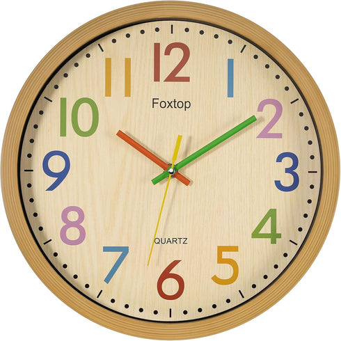Foxtop 12 Inch Silent Kids Wall Clock - Non-Ticking Battery Operated Colorful Clock for Nursery & Classroom