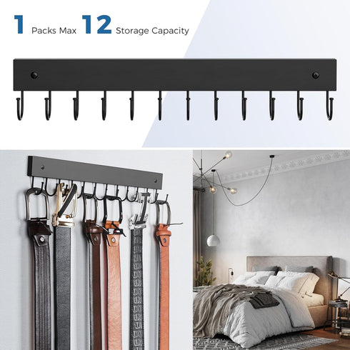 Belt Hanger Wall Mounted, Wooden Organizer for Max 12 Storage Capacity, Black