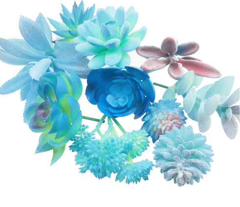 Woohome 10 PCS Artificial Succulent Plants, Unpotted Faux Succulent Assortment in Flocked Blue for Birthday Home Decor