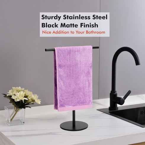 Black Hand Towel Holder Stand for Bathroom Vanity, Stainless Steel T-Shape Freestanding Towel Rack for Kitchen