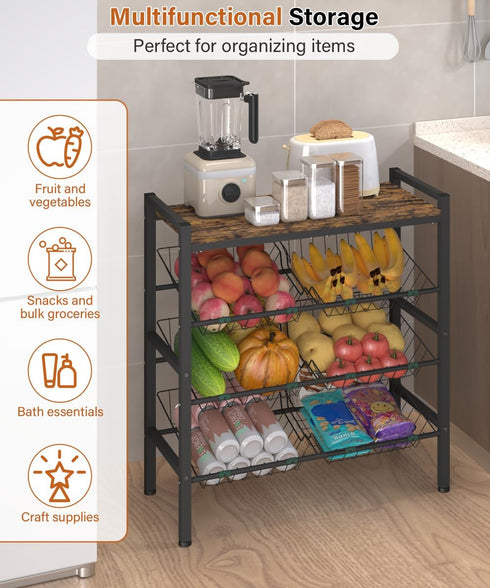 Tigerden 4-Tier Kitchen Fruit and Vegetable Storage Rack, Fruit Basket Stand, Freestanding Snack Display Organizer