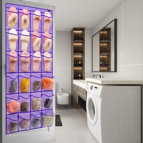 24 Modern Over the Door Shoe Rack Organizer with Clear PVC Pockets, Purple