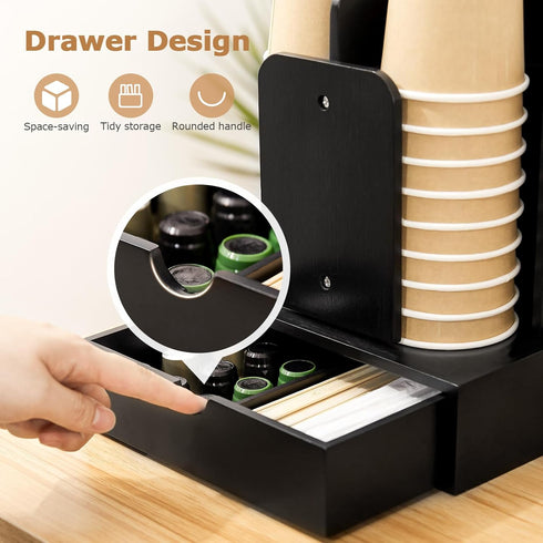 Coffee Station Organizer for Countertop, 4 Compartment Bamboo Coffee Bar Accessories and Disposable Cup Dispenser