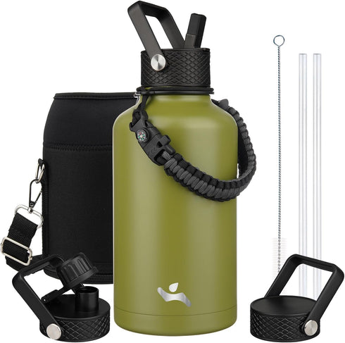 Half Gallon Insulated Water Bottle with Straw, 64 oz Water Jug with 3 Lids and Carrying Bag, Forest Green