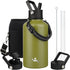 Half Gallon Insulated Water Bottle with Straw, 64 oz Water Jug with 3 Lids and Carrying Bag, Forest Green