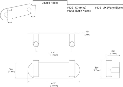 Gatco 1291 Modern Decor Wall Hook, 2-Hook Chrome on Premium Brass for Entryway, Living, Kitchen, Bedroom, Bathroom