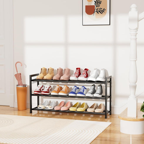 18.5"33", 3-Tier Closet, 12 Expandable Shoe Rack for Small Spaces, Adjustable Width Sturdy Metal Shoe Organizer