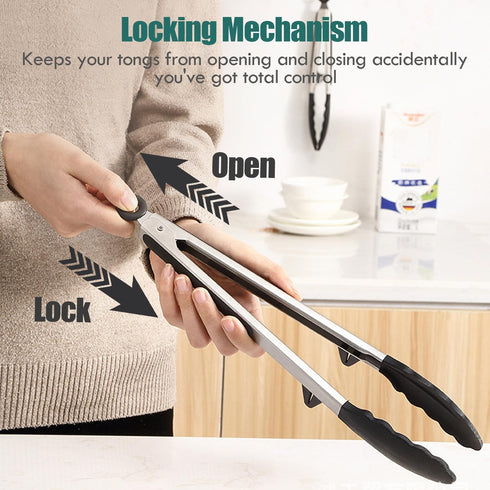 12" Kitchen Tongs with Silicone Tips, Food Grade Cooking Tongs Set of 3, Black Serving Utensils