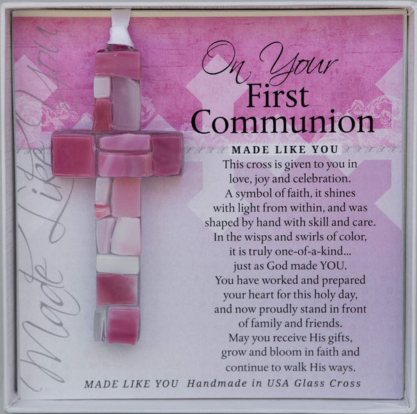 First Communion Gift for Girl, Handmade in USA Pink Mosaic Glass Cross with Sentiment