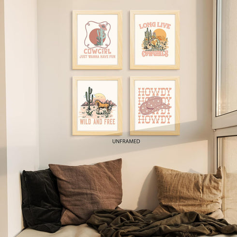 PUHEI Set 4,Nursery 8 10 Retro Western Howdy Cowgirl Wall Art Prints of Decor Girl, Western Room Decor For Teen Girls