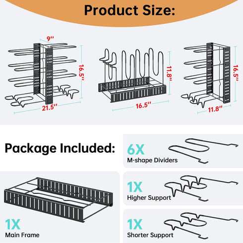 MUDEELA Adjustable Pot Pan Rack with 8 Tiers, 3 DIY Methods, Under Cabinet Organizer for Kitchen Storage