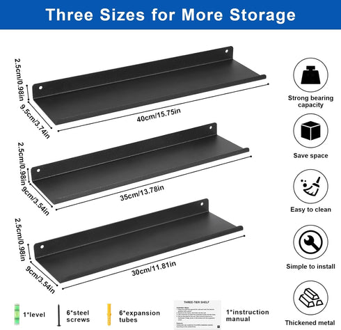 Uten Floating Shelves: Wall Mounted Iron Shelves Set of 3, Bathroom Storage Organizer Decor Shelf for Home, Black