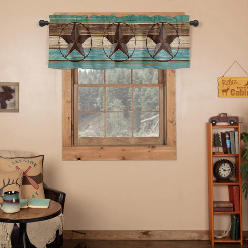 Western Valances Curtain for Kitchen Cafe, Farm Country Iron Star on Wood Board Window Valance 1 Panel Short Curtains 42"x 12" Rod Pocket Windows Treatment Drape for Living Room Teal Brown Wood Grain by Chucoco