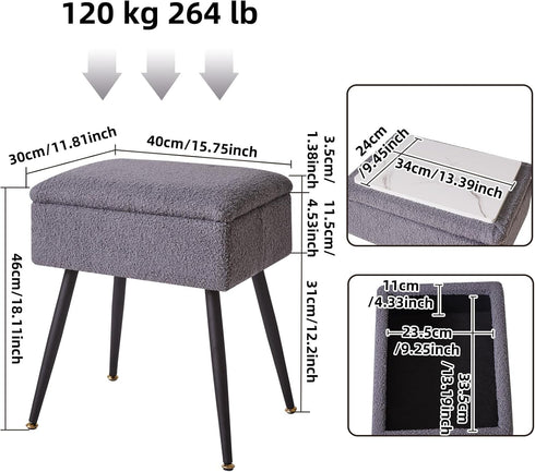 4 15.7" 11.8" 18.1" YD-SMS137G Aibiju Vanity Stool Chair Teddy Velvet with Storage, Grey Ottoman with Storage, Furry
