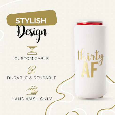 Thirty AF Can Coolers, 30th Birthday Party Coolies, Set of 12, White and Gold Dirty 30 Birthday Decoration