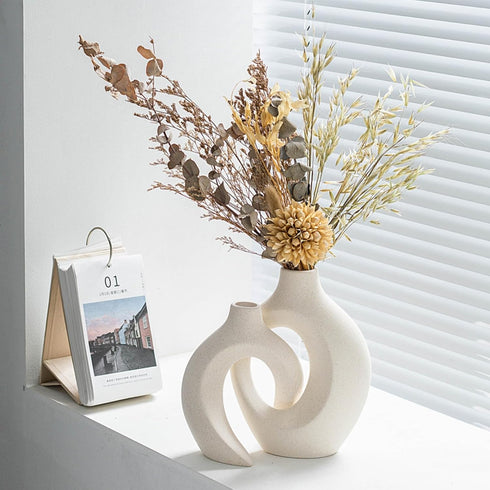Set 2 6.3" 8.4") Snuggle Hollow Ceramic Vase of for Coffee Table Decor, Donut Decorative Vases for Boho Modern Table