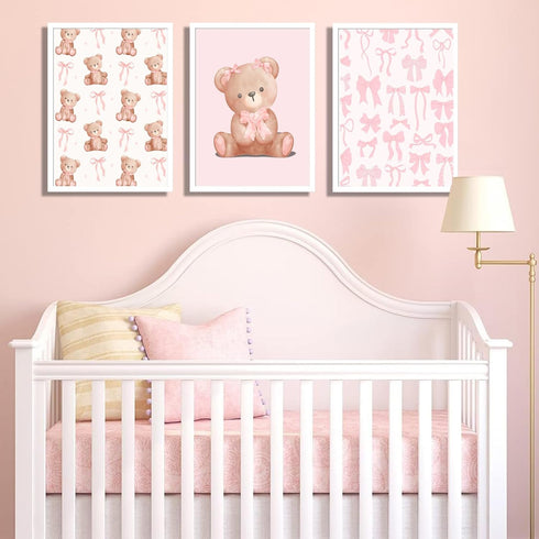 3Pcs Pink Teddy Bear Wall Art Coquette Bow Wall Decor Pictures Cute Animal Nursery Canvas Posters Prints for Baby Girls