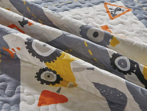 Linen Plus Set Bedspread Kids/Teens Construction Crane Vehicles Work Trucks Cement Tractor Concrete Mixer White Grey