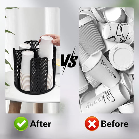 Black Rotated Cup and Lid Dispenser, Paper Cup Holder for Countertop with 4 Compartments for Coffee Station