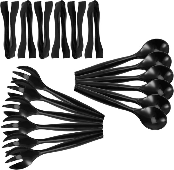 Plastic Serving Utensils - Black Heavy Duty Disposable Utensils, 24 Pack, 8-10” Spoons and Forks, 8-6-1/2” Tongs