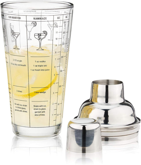 True Glass Cocktail Shaker, 13.5 oz with 7 Classic Recipes and Measurements for Home Bar Accessories