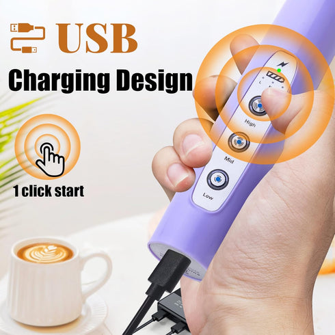 Light Purple Milk Frother Wand for Coffee, Handheld Rechargeable Electric Whisk with 3 Heads