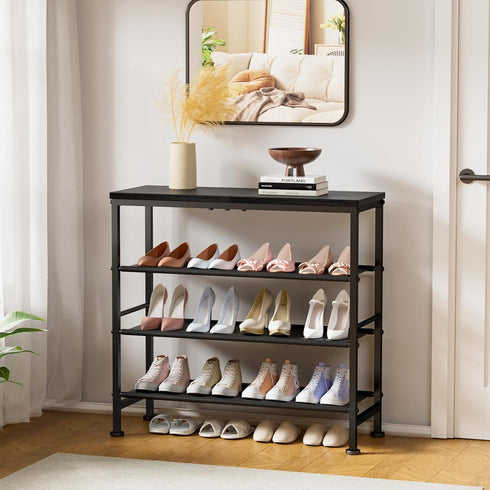 4-Tier Mavivegue Shoe Rack Organizer, Metal Shoe Storage with Non-Woven Fabrics Shelves and Wooden Top Board, Shoe Rack