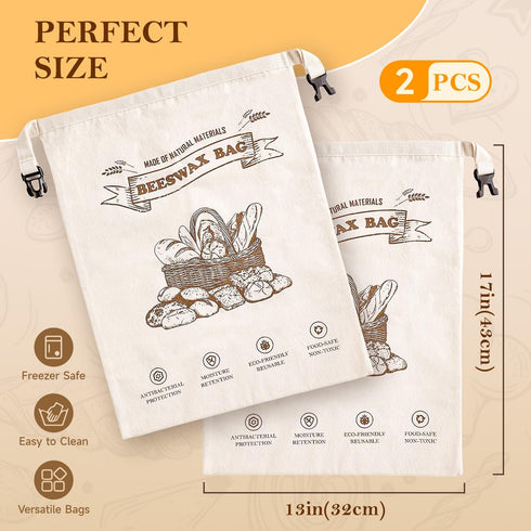 Ministrouetion 2 Packs Beeswax Bread Bags for Homemade Bread, XL Reusable Cotton Linen Sourdough Bread Bags to Keep