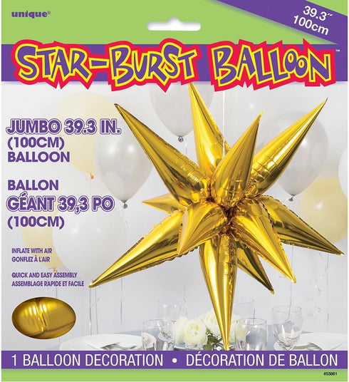 Gold 12-Point Jumbo 3D Star Foil Balloons, 5-Pack, Extra-Large Durable Party Decoration