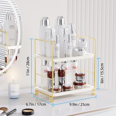 FSyueyun 2-Tier Bathroom Counter Organizer, Tool-Free Installation Premium Plastics Makeup Skincare Shelf Perfume Stand for Bathroom Vanity Dresser Organizers and Storage (Gold) by FSyueyun