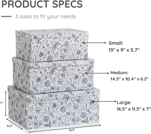 Soul & Lane Decorative Cardboard Storage Boxes, Modern Meadow Set of 3 Floral Nesting Boxes with Lids for Keepsakes