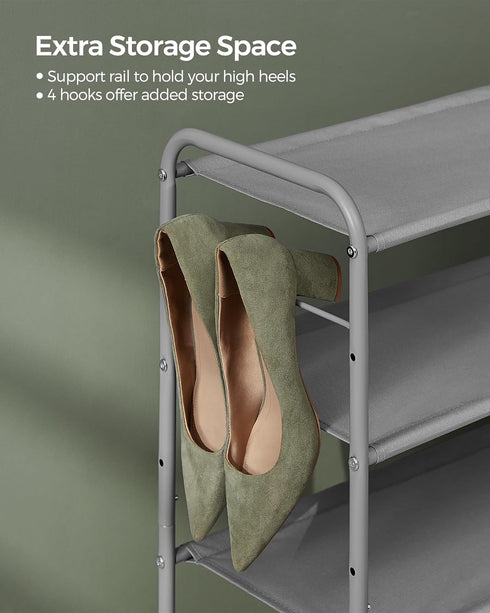2-Tier 4 12 Closet, SONGMICS Shoe Rack, Shoe Organizer, Fabric Shoe Shelf Storage with Hooks, Holds up to Pairs
