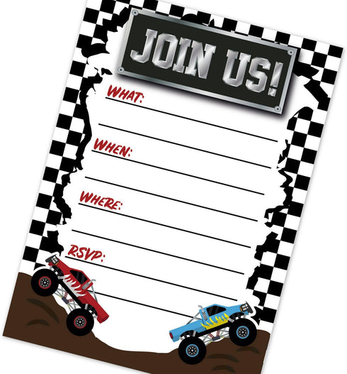 Monster Truck Birthday Party Invitations for Boys, 20 Count with Envelopes, Kids Truck Rally Invites
