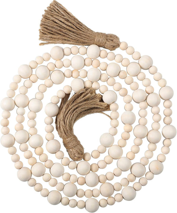 Jetec 7.9 Feet Wood Beaded Garlands with Tassels, Rustic Wooden Beads Garland for Christmas Table Wall Decor