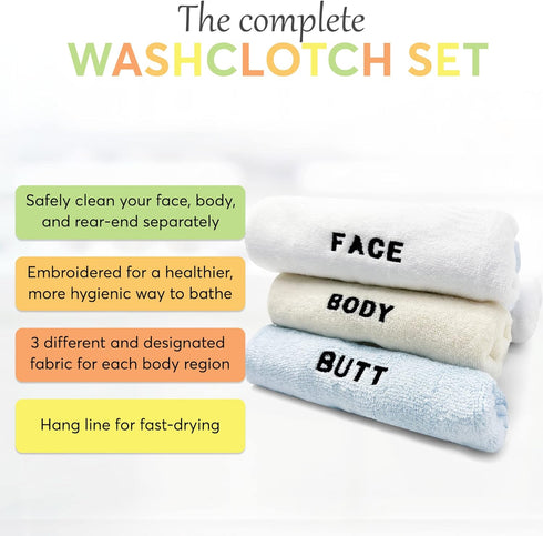 6-Piece Set 3 12x12 Inch Crafty Cloth Washcloth Distinct Textures for Face, Body, & Sensitive Areas Embroidered