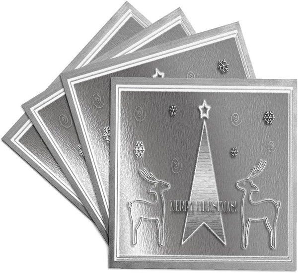 3dRose cst_15272_3 Merry Christmas Ceramic Tile Coasters, Silver Reindeer and Tree, Set of 4